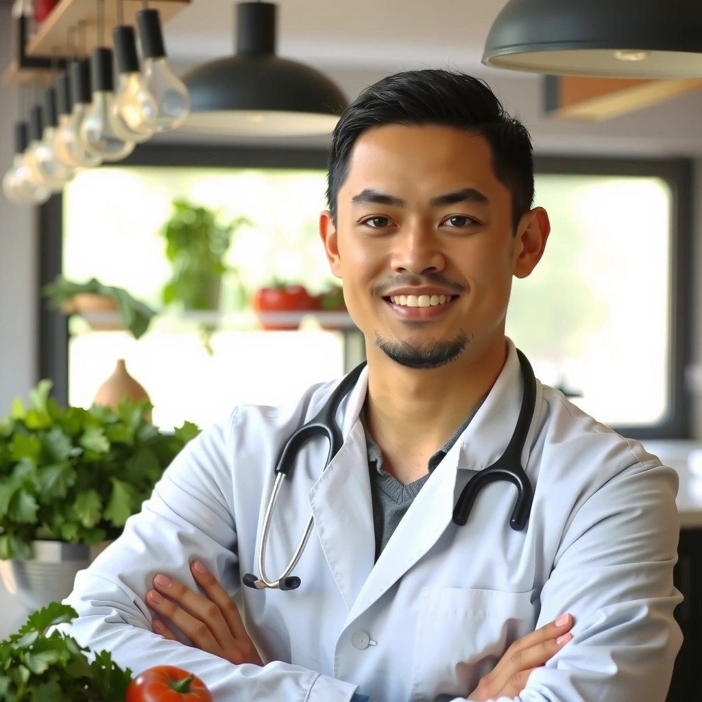 Portrait d'un agronome expert de Lyonchefcv, souriant et entouré d'ingrédients naturels
