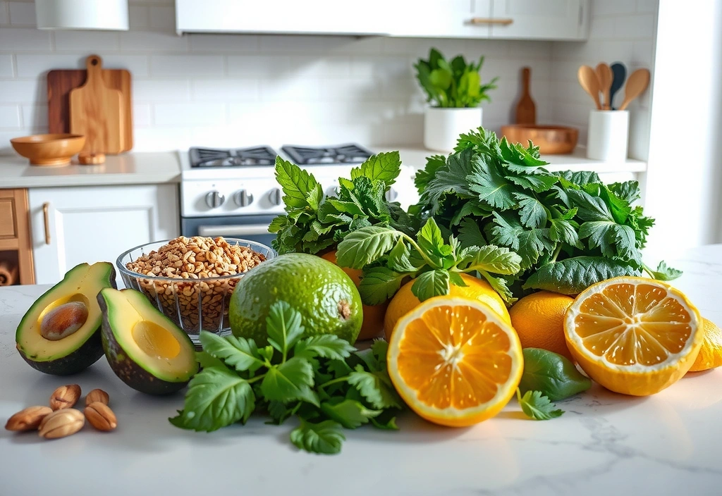 Ingrédients sains disposés sur un plan de travail de cuisine